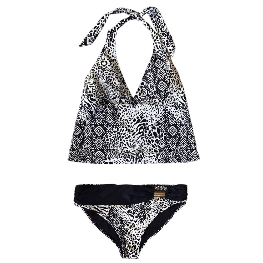 Attention Swimwear Tankini Medium Top Small Bottom Black And White Animal Print